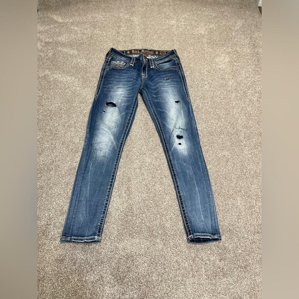 Y2K Grunge Streetwear Buckle Rock Revival Dalia Skinny Jeans 27 Distressed Denim